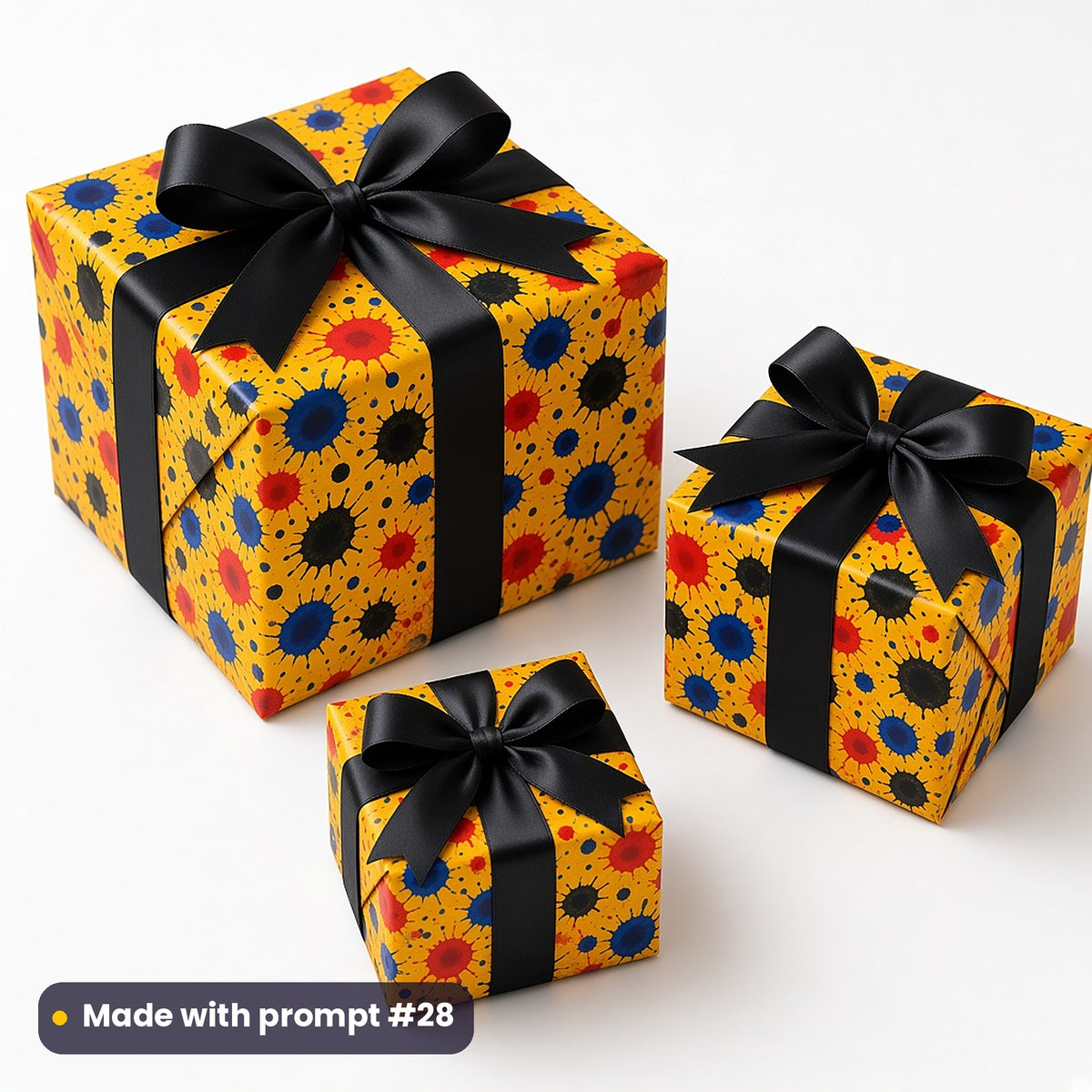 Three presents wrapped in saffron paper printed with black, red and blue ink pools, tied with black satin bows, made with prompt #28