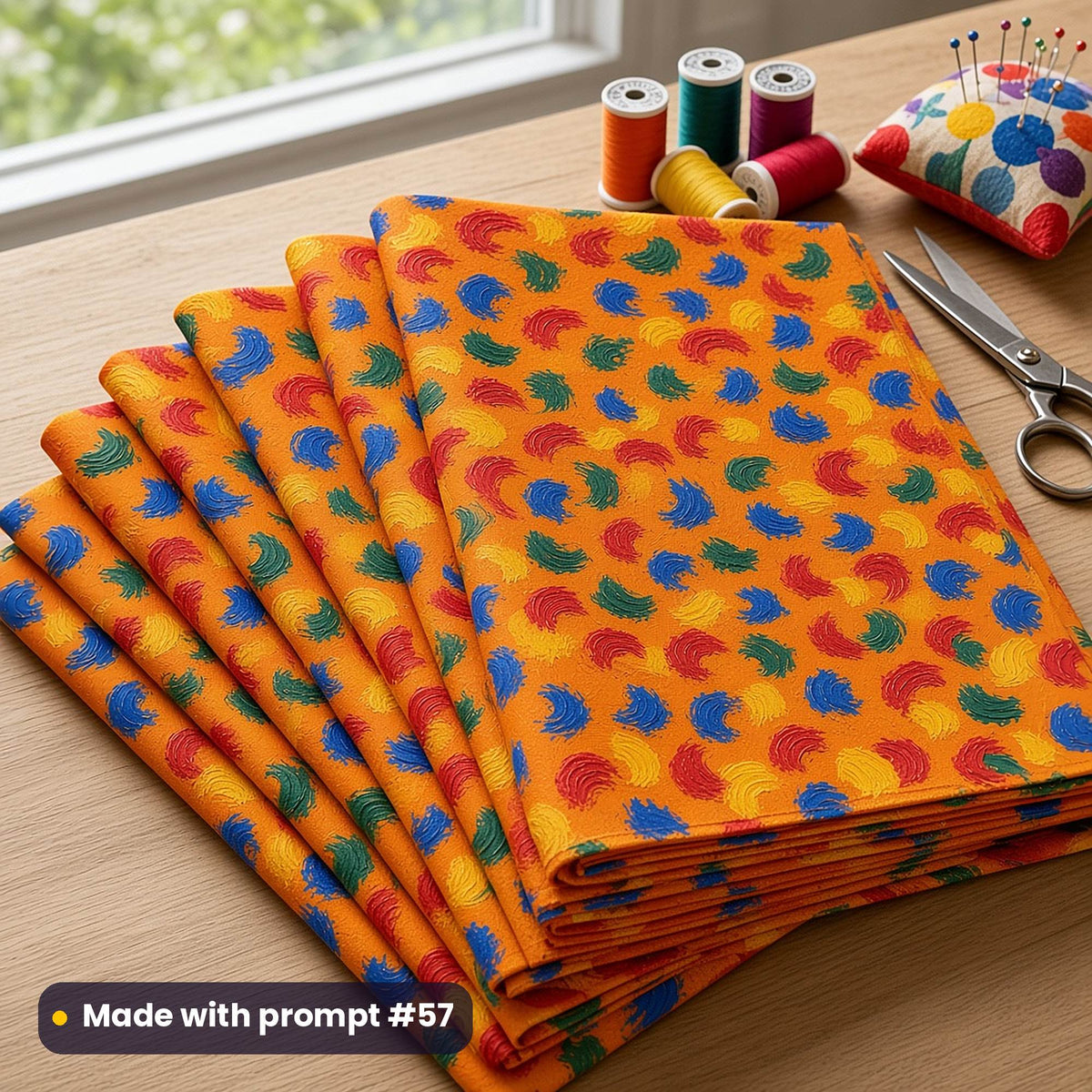 Folded quilting cotton printed with blue, red, green and yellow impasto brush swipes on orange, beside thread spools, made with prompt #57