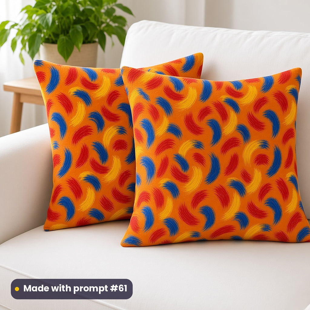 Two cushions on a white sofa printed with sweeping blue, red and yellow arc brushstrokes on orange, made with prompt #61