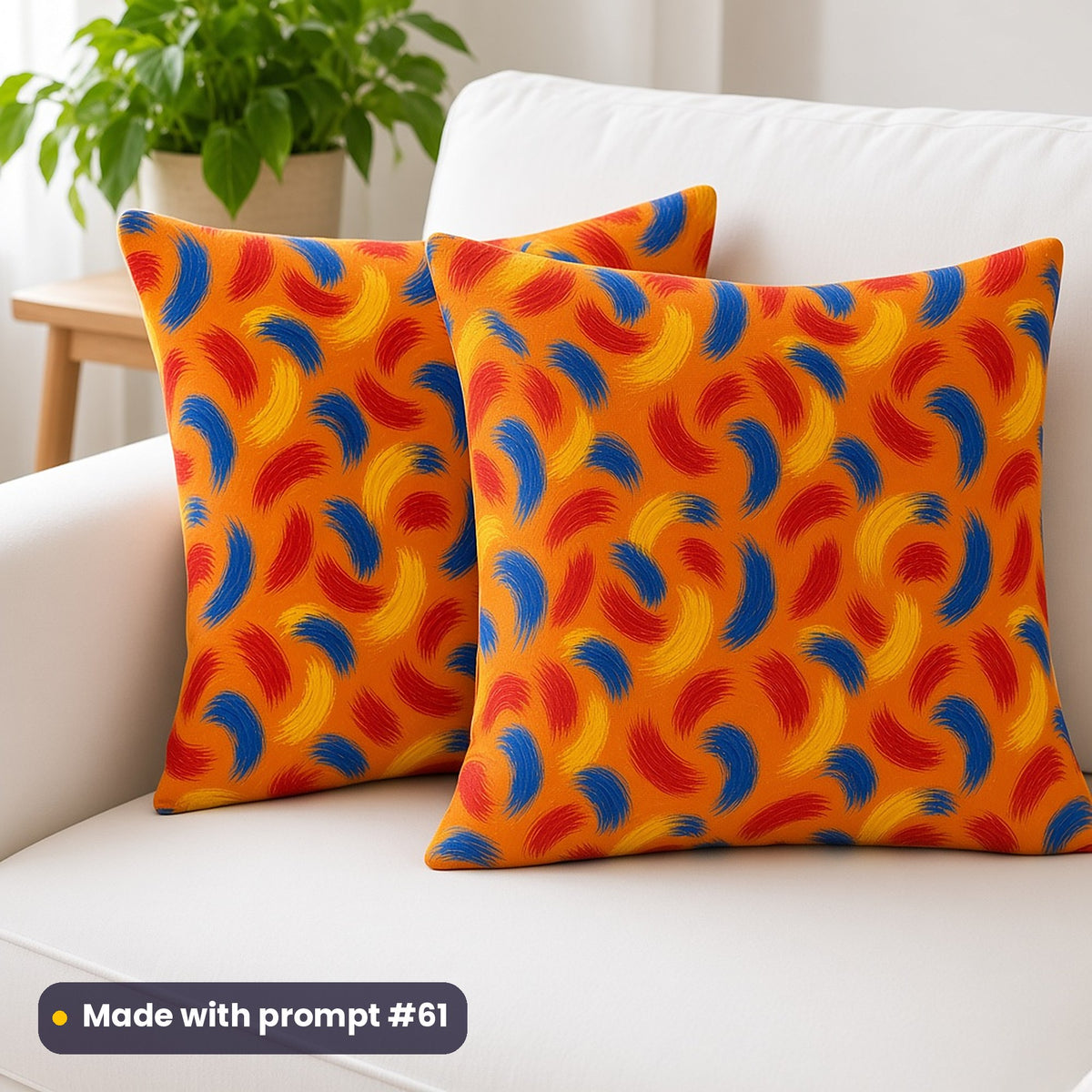 Two cushions on a white sofa printed with sweeping blue, red and yellow arc brushstrokes on orange, made with prompt #61