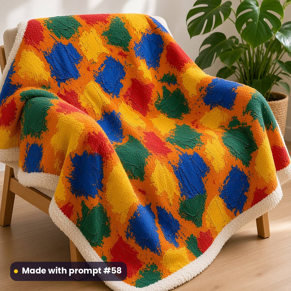 A sherpa blanket over a wooden armchair printed with chunky palette-knife slabs of blue, green, red and yellow paint on orange, made with prompt #58