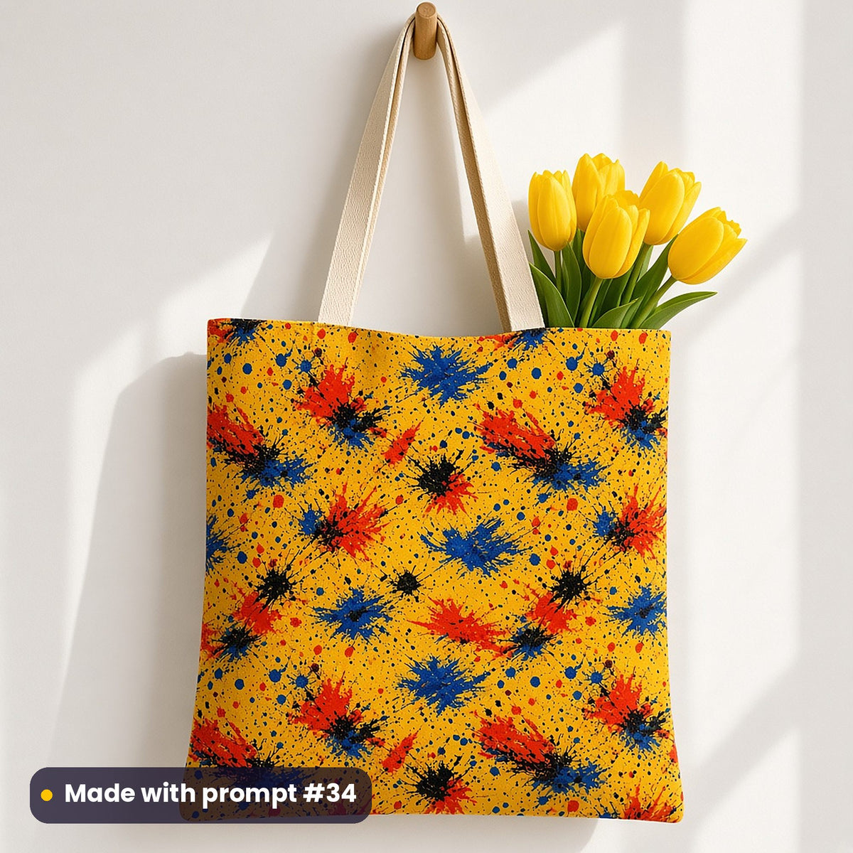 A tote bag on a peg printed with red, blue and black dragged ink smears and spatter on saffron, holding yellow tulips, made with prompt #34