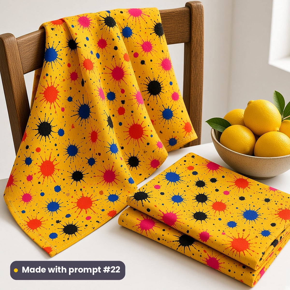 Tea towels printed with black, red, pink and blue ink splats on saffron yellow, beside a bowl of lemons, made with prompt #22