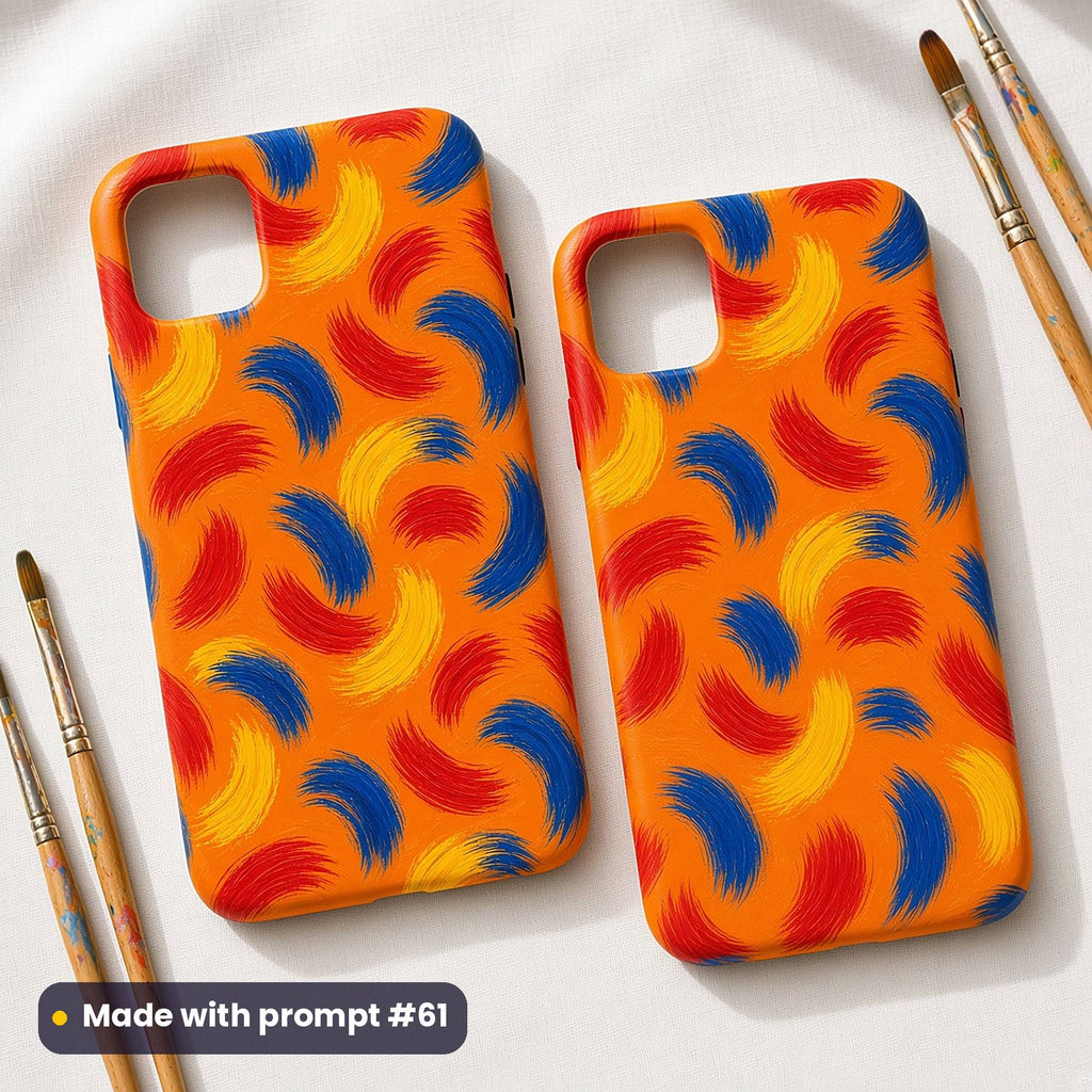 Two phone cases printed with sweeping blue, red and yellow arc brushstrokes on orange, beside paint brushes, made with prompt #61