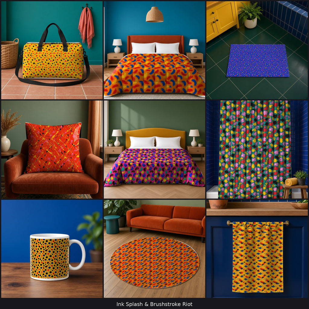 Variety collage of 9 patterns in different palettes on a tote bag, comforter, bath mat, cushion, duvet cover, shower curtain, mug, rug and tea towel, example use of Ink Splash & Brushstroke Riot Seamless Pattern Prompt Pack