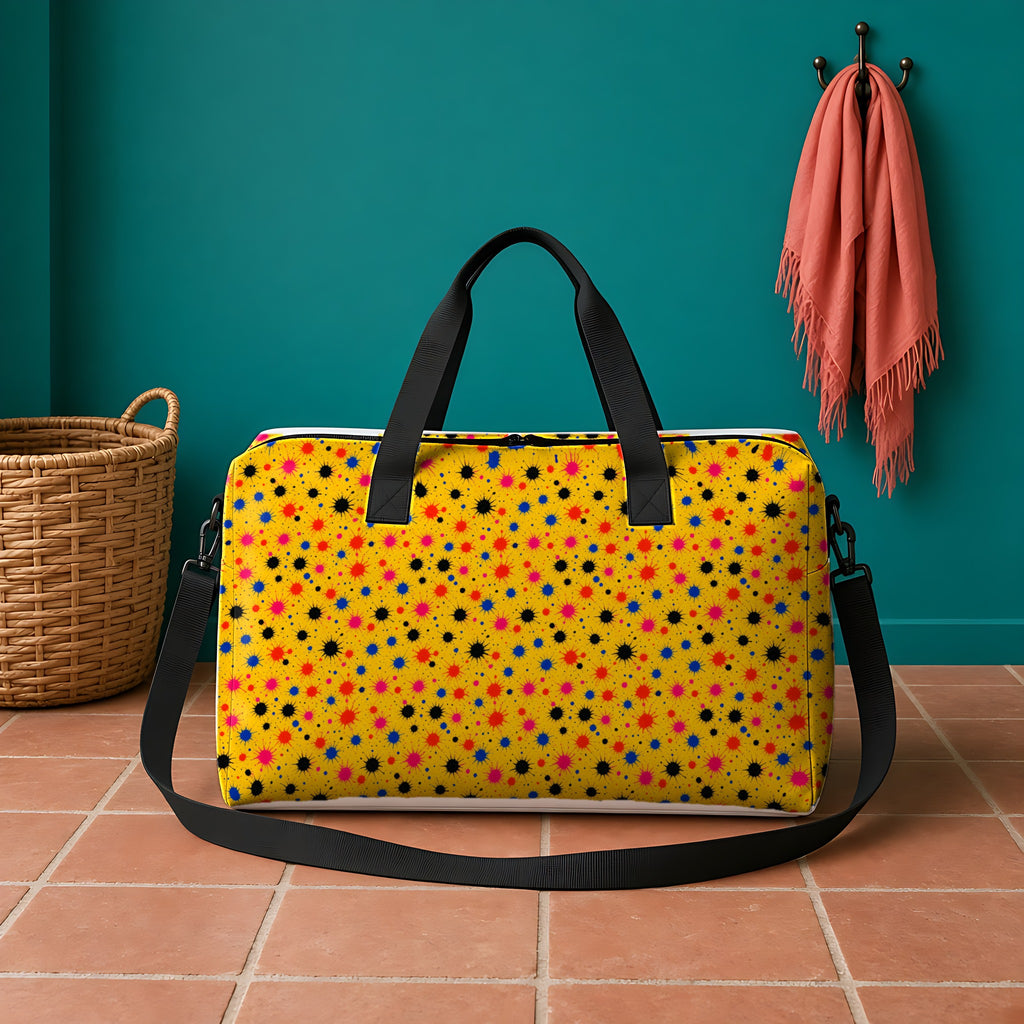Saffron Splat Storm in Saffron Riot palette on a tote bag, example use of Ink Splash & Brushstroke Riot Seamless Pattern Prompt Pack