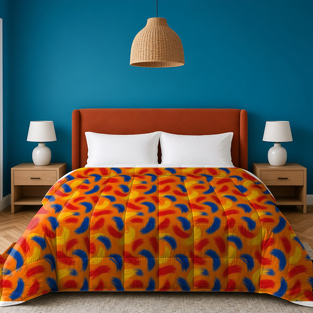 Sweeping Arcs in Cadmium Riot palette on a comforter, example use of Ink Splash & Brushstroke Riot Seamless Pattern Prompt Pack