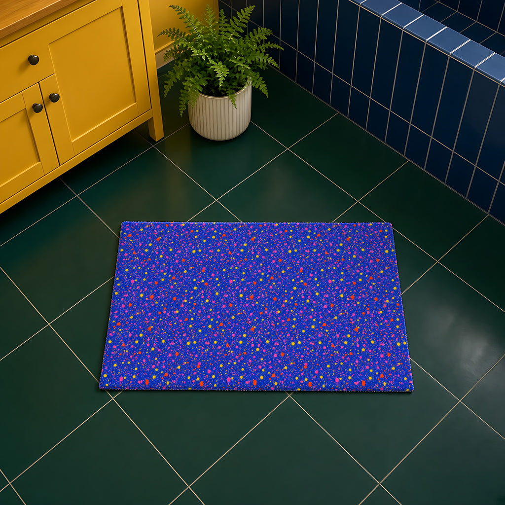 Ultramarine Spatter in Cobalt Splash palette on a bath mat, example use of Ink Splash & Brushstroke Riot Seamless Pattern Prompt Pack
