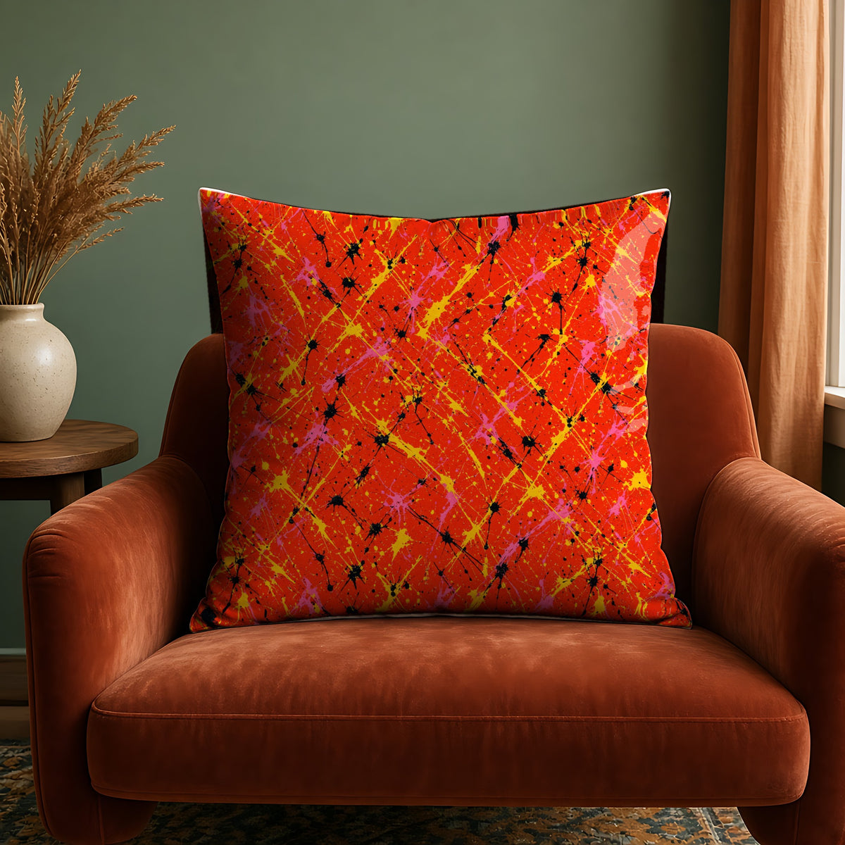Vermilion Riot in Primary Splat palette on a cushion, example use of Ink Splash & Brushstroke Riot Seamless Pattern Prompt Pack
