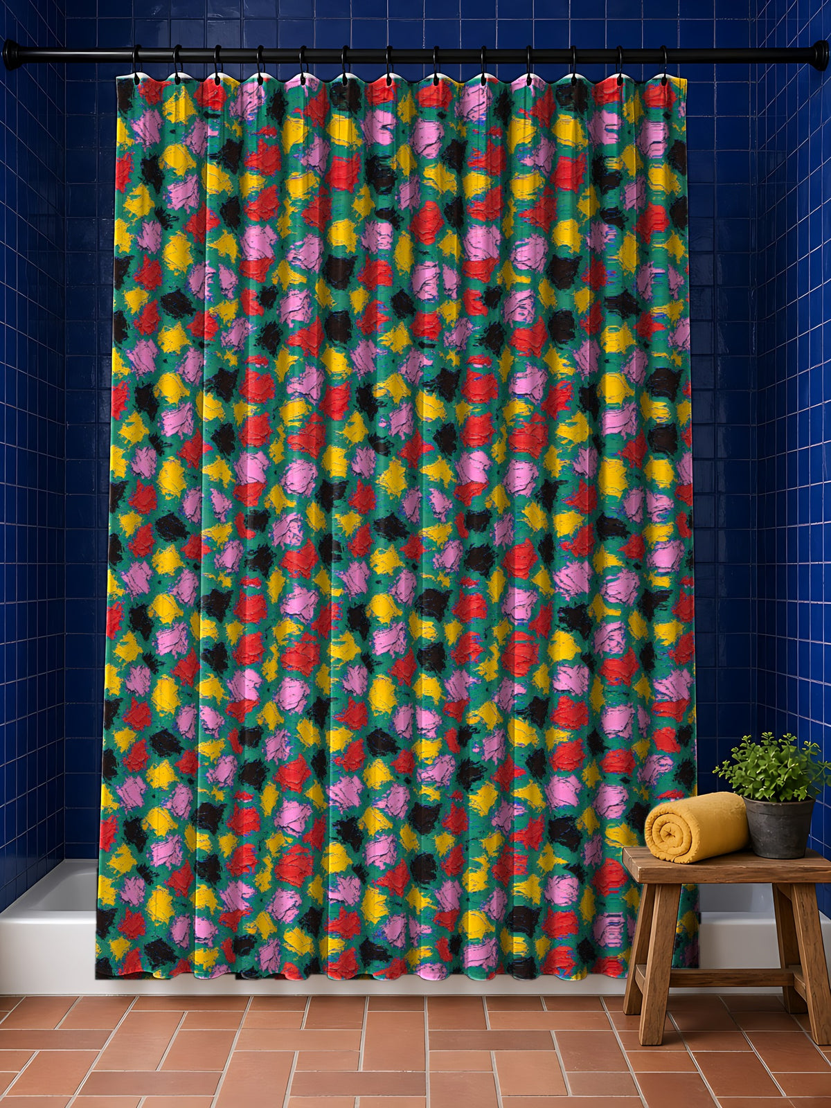 Palette Knife Slabs in Viridian Gesture palette on a shower curtain, example use of Ink Splash & Brushstroke Riot Seamless Pattern Prompt Pack