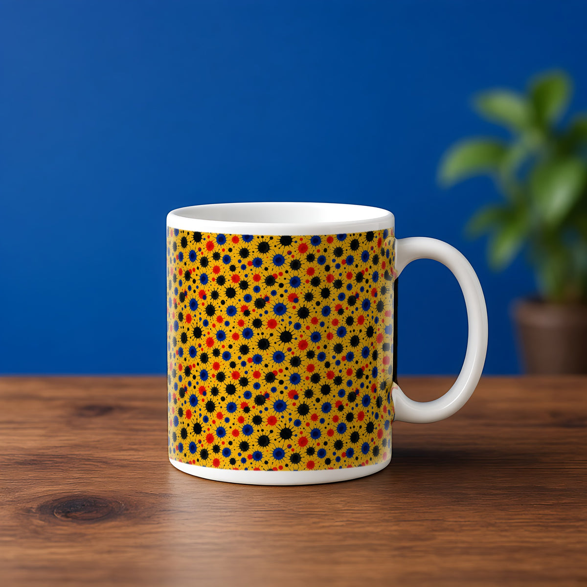 Wet Ink Pools in Saffron Riot palette on a mug, example use of Ink Splash & Brushstroke Riot Seamless Pattern Prompt Pack