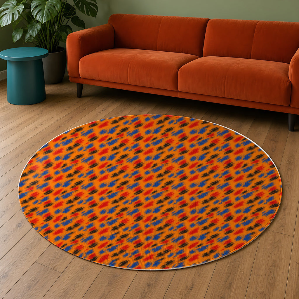 Dry-Brush Drags in Cadmium Riot palette on a rug, example use of Ink Splash & Brushstroke Riot Seamless Pattern Prompt Pack