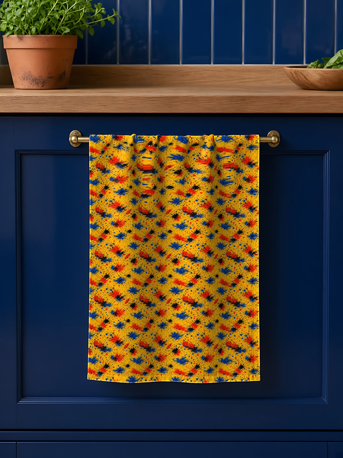 Dragged Smears in Saffron Riot palette on a tea towel, example use of Ink Splash & Brushstroke Riot Seamless Pattern Prompt Pack