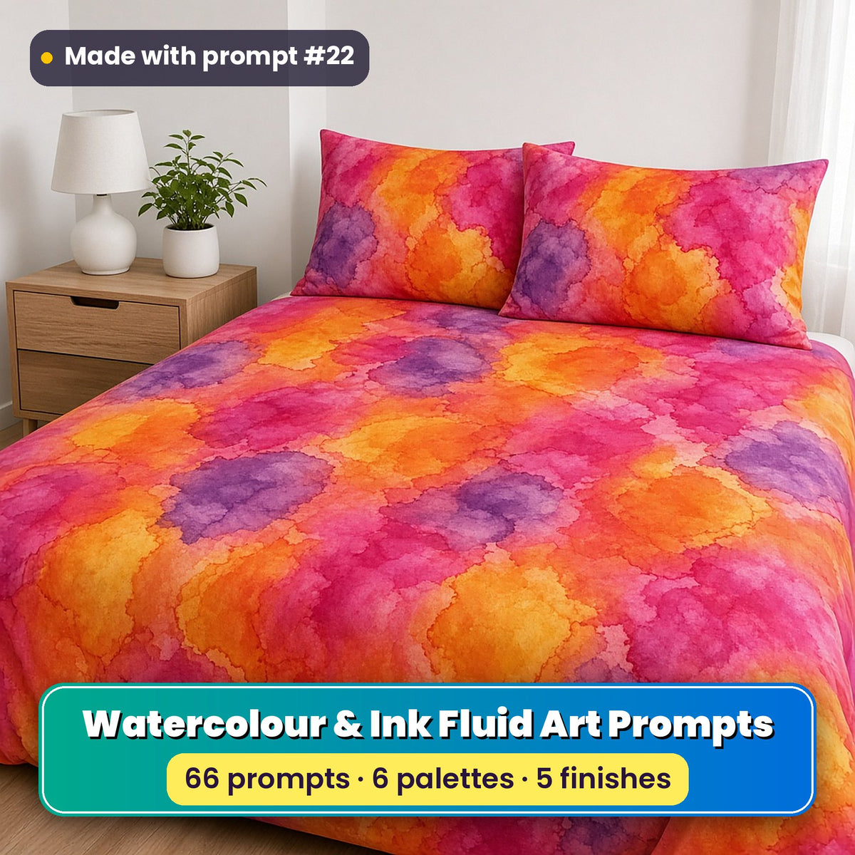 A double bed in a duvet cover and pillowcases printed with fuchsia, violet and golden watercolour blooms on a saturated tangerine and pink wash