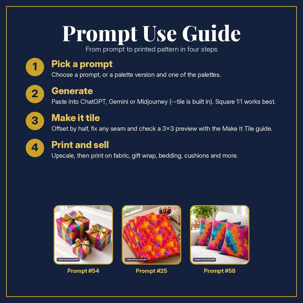 Prompt Use Guide in four steps: pick a prompt, generate, make it tile, print and sell, with example products made with prompt #54, prompt #25, prompt #58