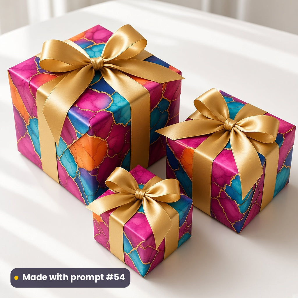 Three presents wrapped in paper printed with magenta, teal and orange alcohol ink blooms with gold rims, tied with gold bows, made with prompt #54