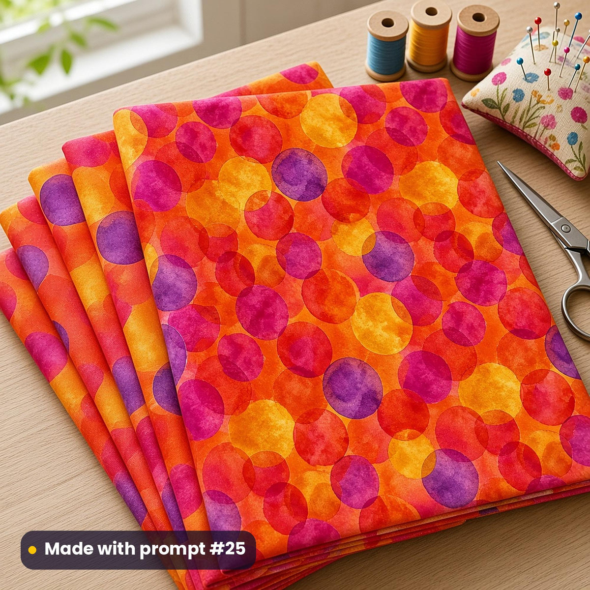 Folded quilting cotton printed with overlapping watercolour glaze circles in pink, orange and violet, beside thread spools, made with prompt #25