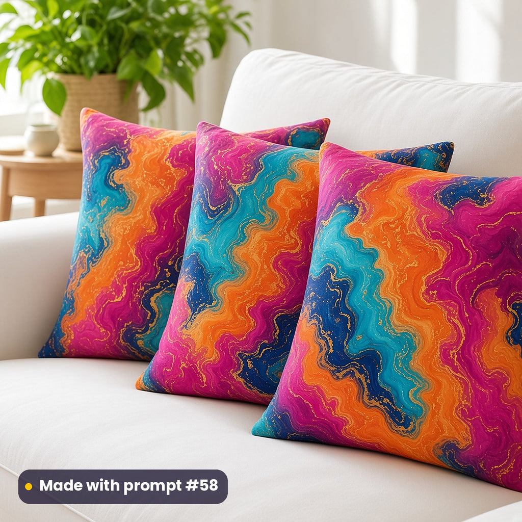 Three cushions on a white sofa printed with swirling turquoise, magenta, orange and blue alcohol ink clouds with gold veins, made with prompt #58