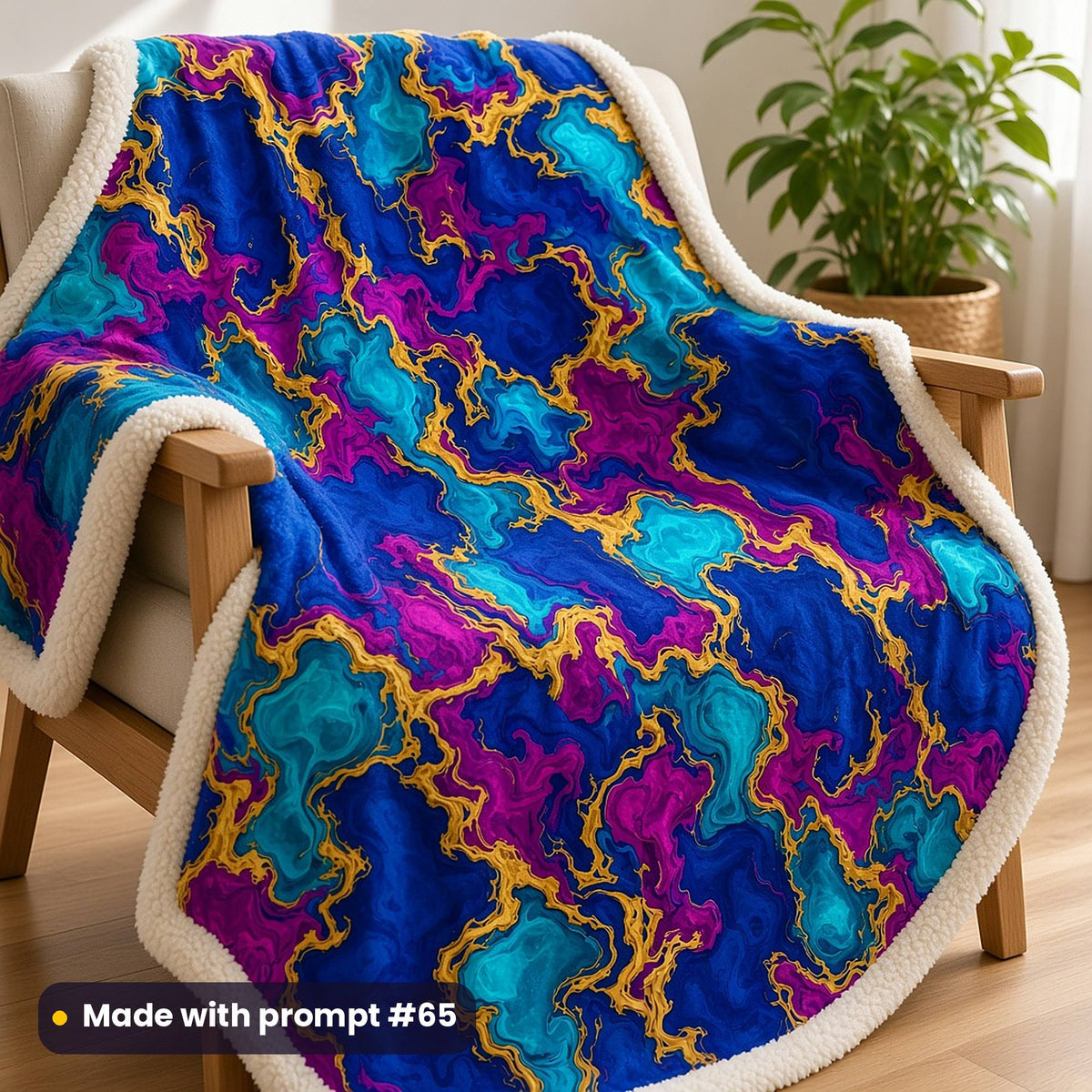 A sherpa blanket over a wooden armchair printed with molten gold veins between royal blue, magenta and turquoise ink, made with prompt #65