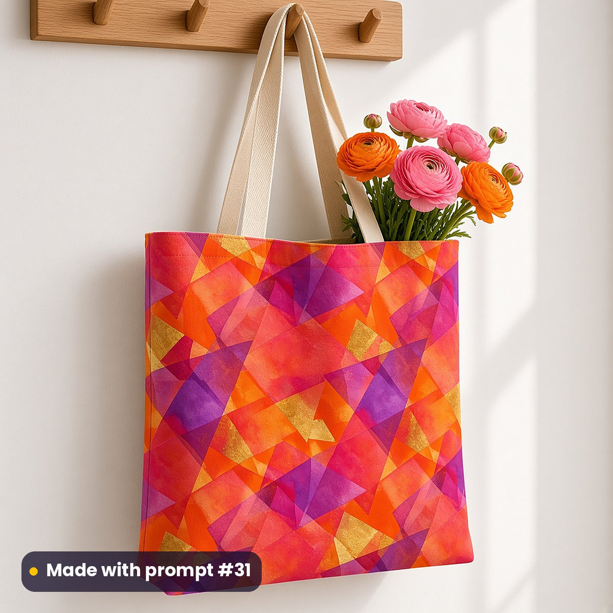 A tote bag on a peg rail printed with layered watercolour wash shards in pink, orange, gold and violet, holding ranunculus, made with prompt #31