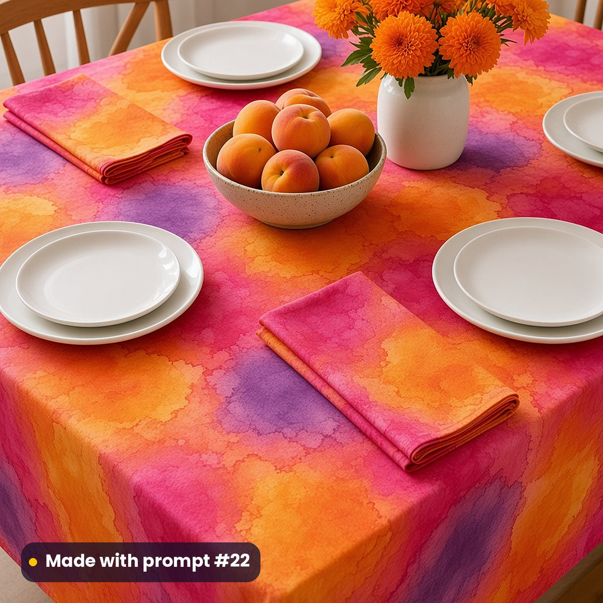 A table laid with a tablecloth and napkins printed with fuchsia, violet and golden watercolour blooms on tangerine and pink, with white plates, peaches and orange flowers