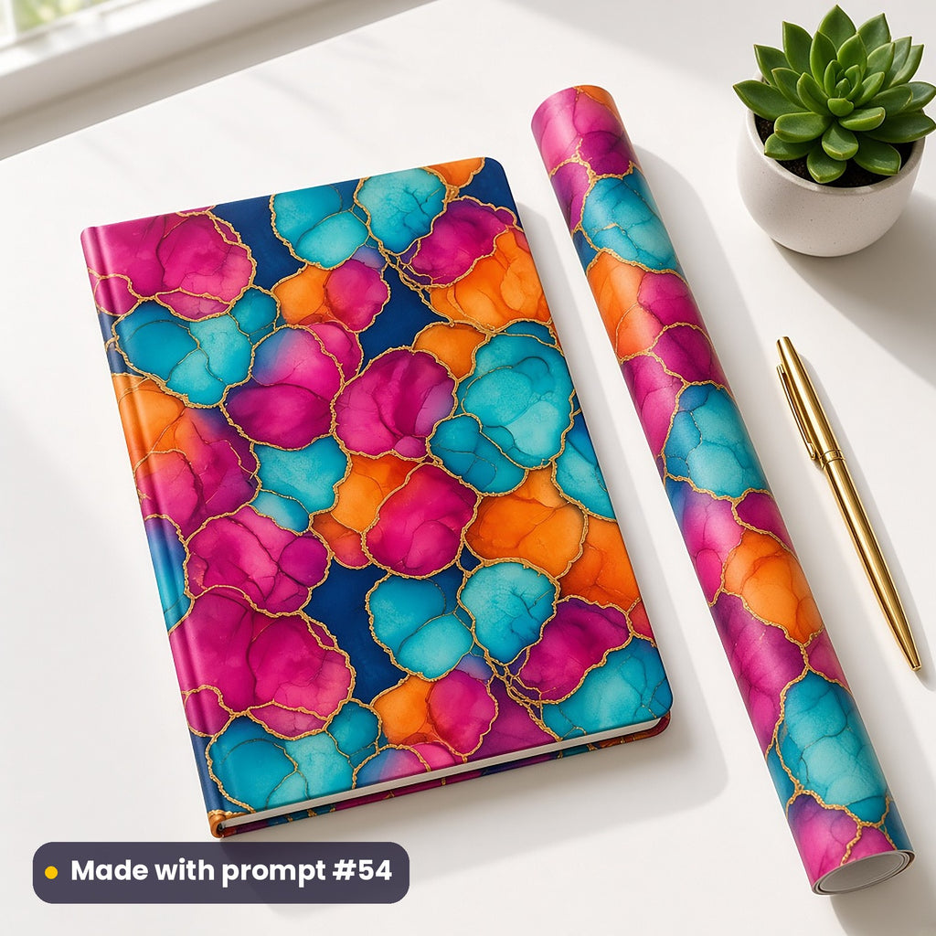 A notebook and a roll of gift wrap printed with alcohol ink blooms with gold rims, beside a gold pen, made with prompt #54