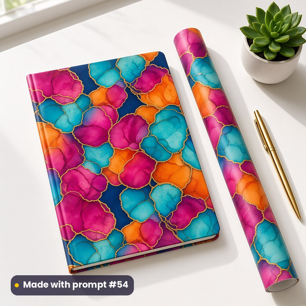 A notebook and a roll of gift wrap printed with alcohol ink blooms with gold rims, beside a gold pen, made with prompt #54