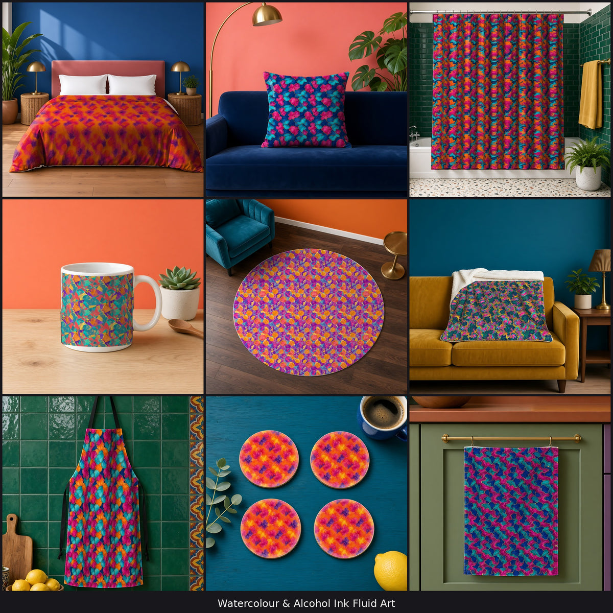 Variety collage of 9 patterns in different palettes on a duvet cover, cushion, shower curtain, mug, rug, blanket, apron, coaster and tea towel, example use of Watercolour & Alcohol Ink Fluid Art Seamless Pattern Prompt Pack