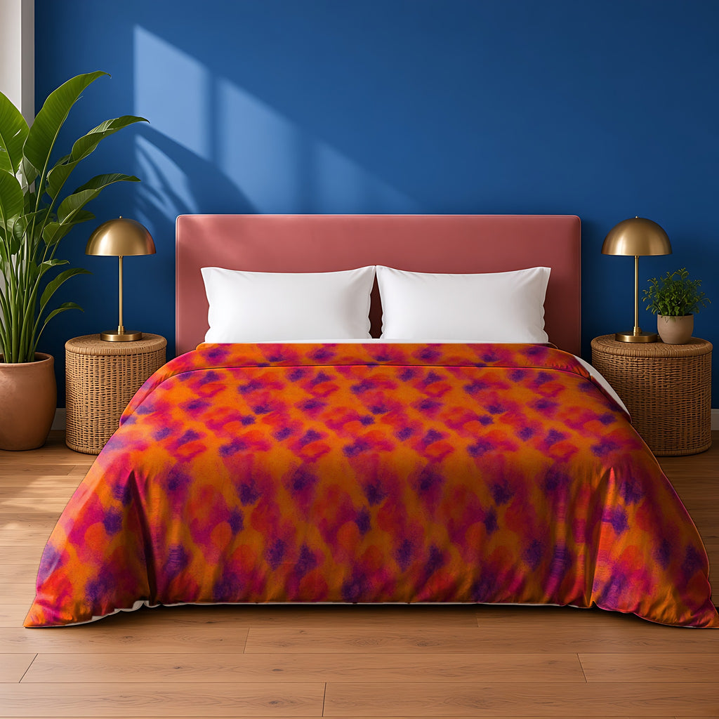Granulated Colour Pools in Sunset Bleed palette on a duvet cover, example use of Watercolour & Alcohol Ink Fluid Art Seamless Pattern Prompt Pack