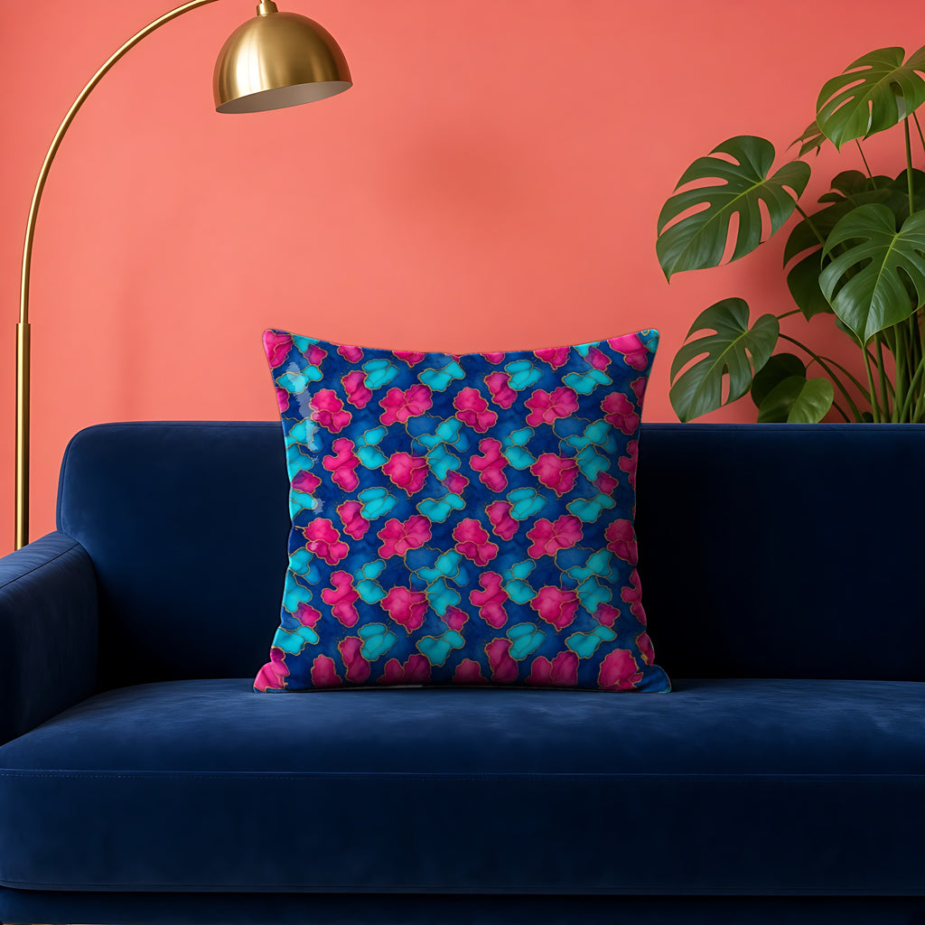 Pooling Gradients in Sapphire Ink Bloom palette on a cushion, example use of Watercolour & Alcohol Ink Fluid Art Seamless Pattern Prompt Pack