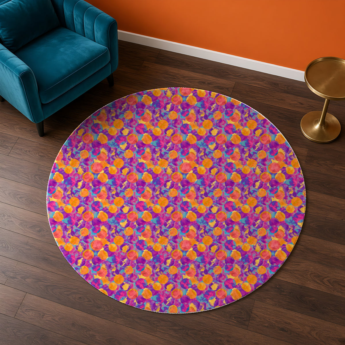 Glaze Circle Overlaps in Violet Dusk palette on a rug, example use of Watercolour & Alcohol Ink Fluid Art Seamless Pattern Prompt Pack