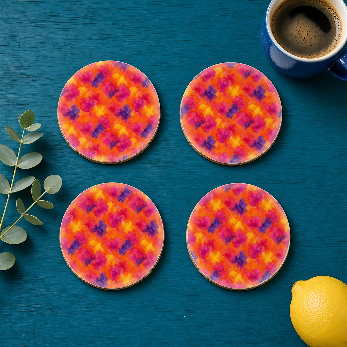Sunset Bloom Bleeds in its original colours on a coaster, example use of Watercolour & Alcohol Ink Fluid Art Seamless Pattern Prompt Pack