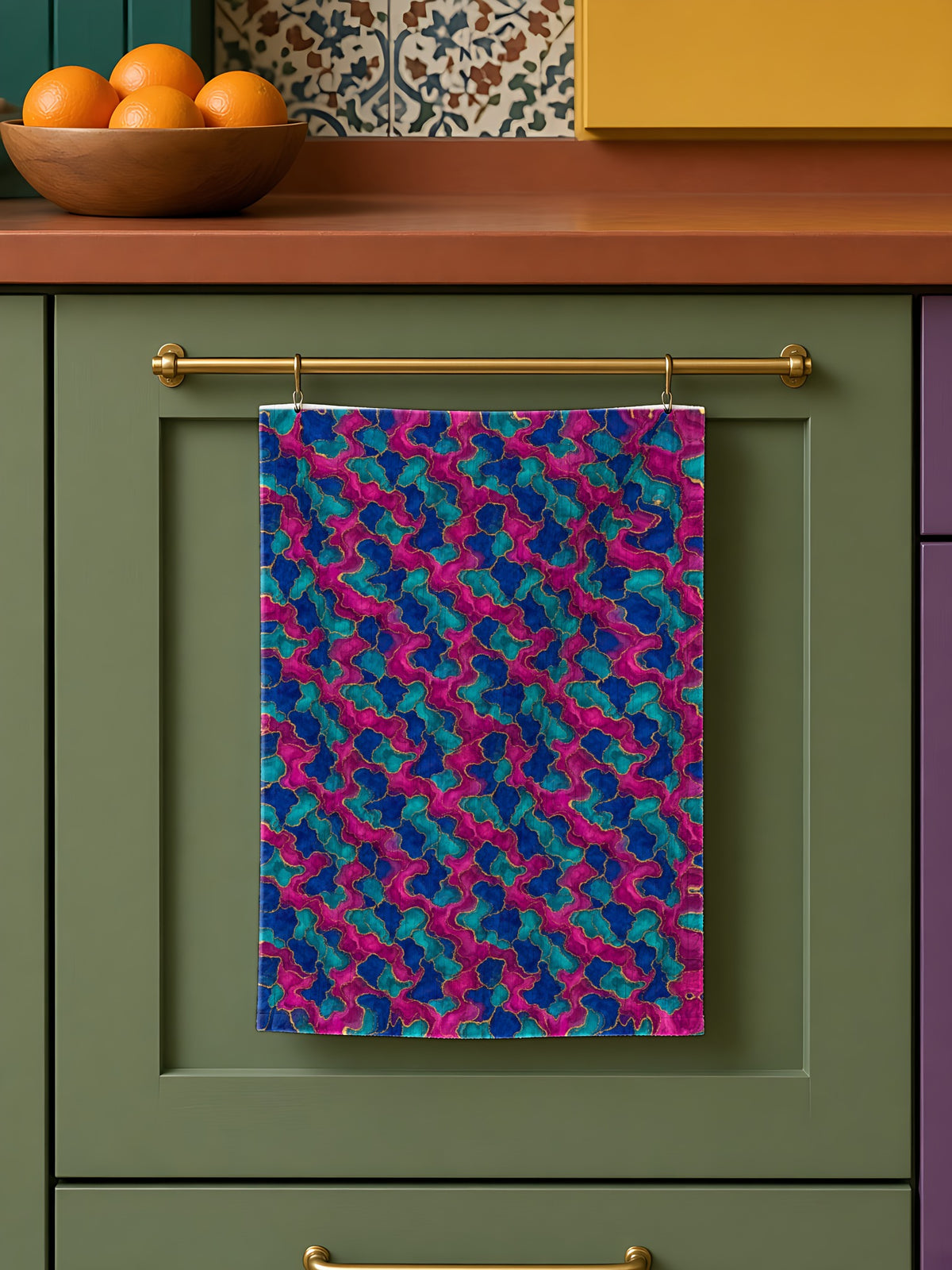 Ink Cell Veins in its original colours on a tea towel, example use of Watercolour & Alcohol Ink Fluid Art Seamless Pattern Prompt Pack