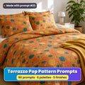 A double bed in a duvet cover and pillowcases printed with large teal, mustard, coral and green terrazzo chips on terracotta, with a mustard throw