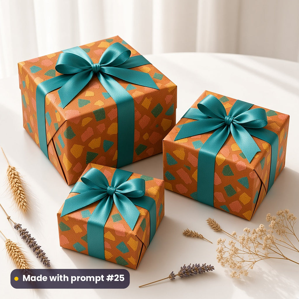 Three presents wrapped in terracotta paper printed with angular teal, coral and mustard stone shards, tied with teal bows, made with prompt #25