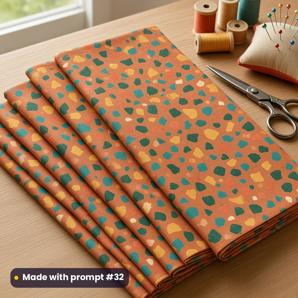 Folded quilting cotton printed with jewel-toned teal, coral and gold terrazzo chips on terracotta, beside thread spools, made with prompt #32