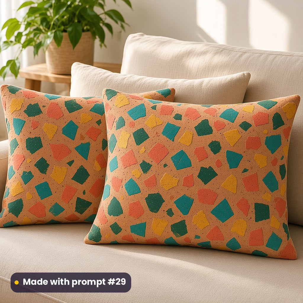 Two cushions on a cream sofa printed with shattered teal, coral and mustard tile shards on peach, made with prompt #29