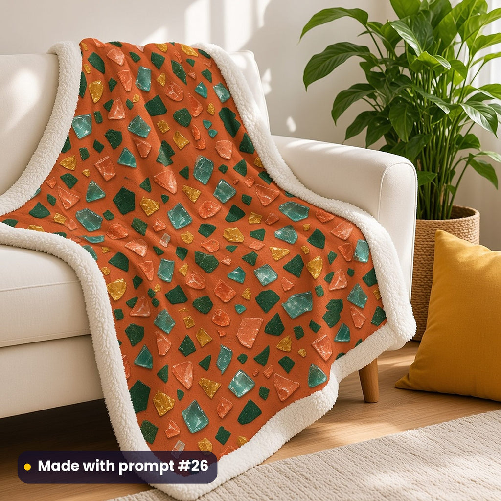 A sherpa blanket over a white armchair printed with glossy teal, coral and mustard glass chips and green chips on terracotta