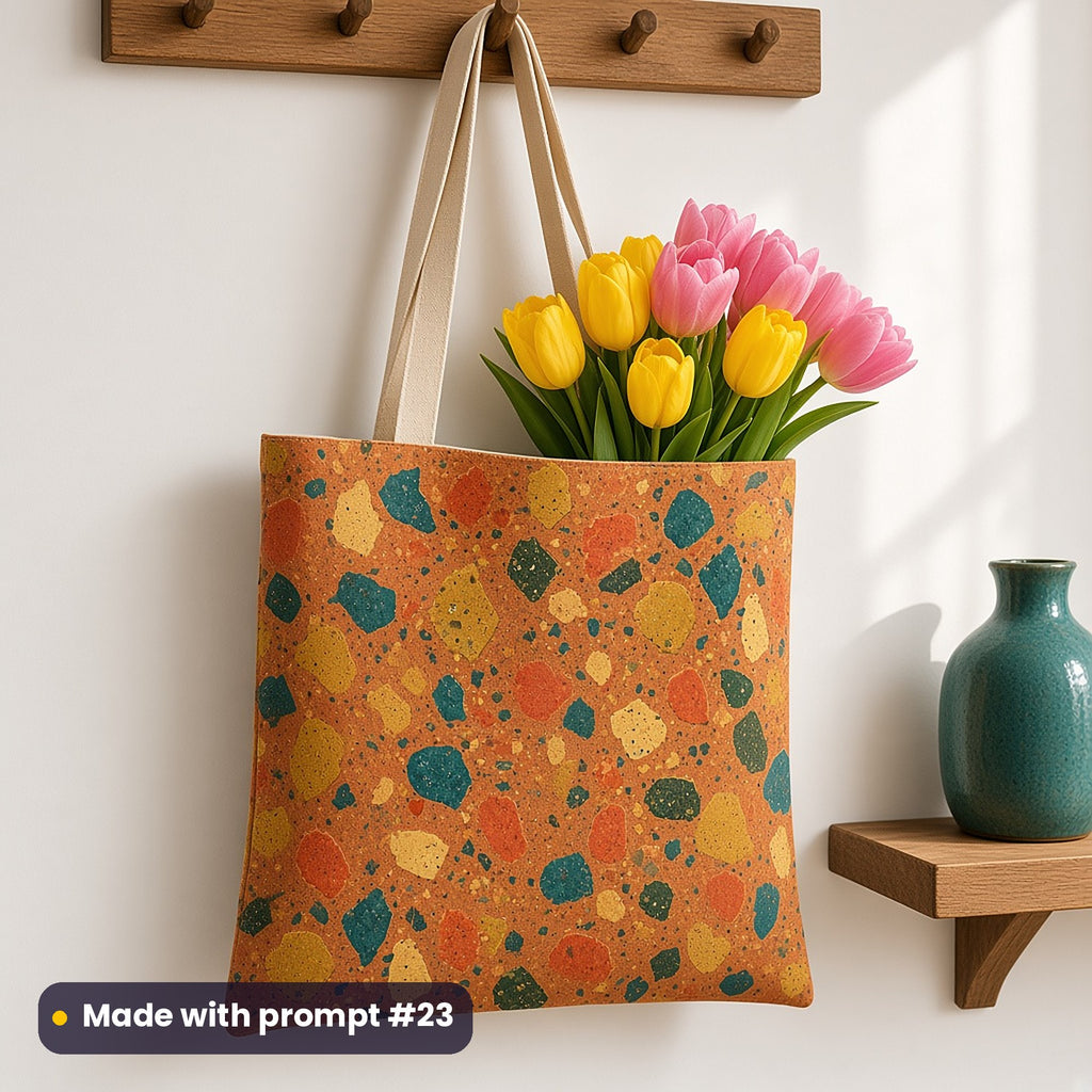 A tote bag on a peg rail printed with large teal, mustard, coral and green terrazzo chips on terracotta, holding pink and yellow tulips