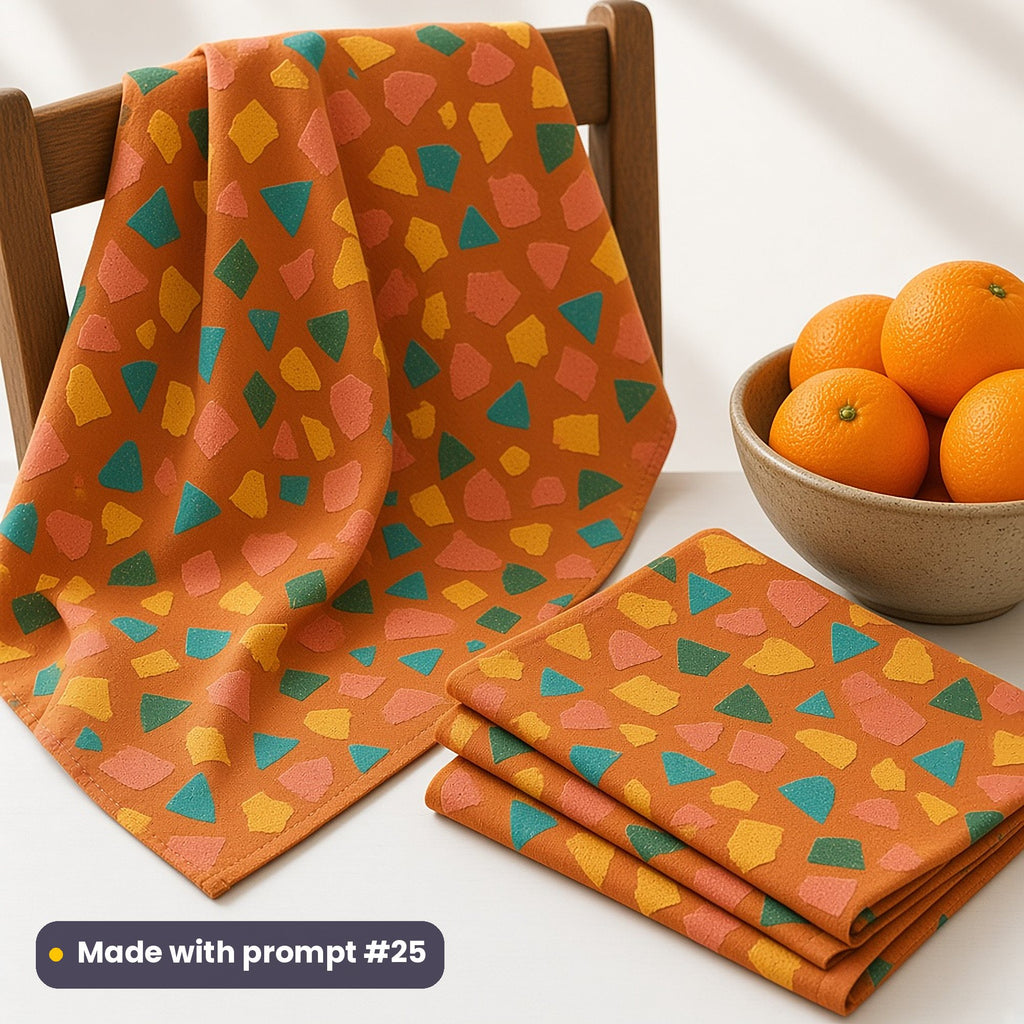 Tea towels printed with angular teal, coral and mustard stone shards on terracotta, beside a bowl of oranges, made with prompt #25