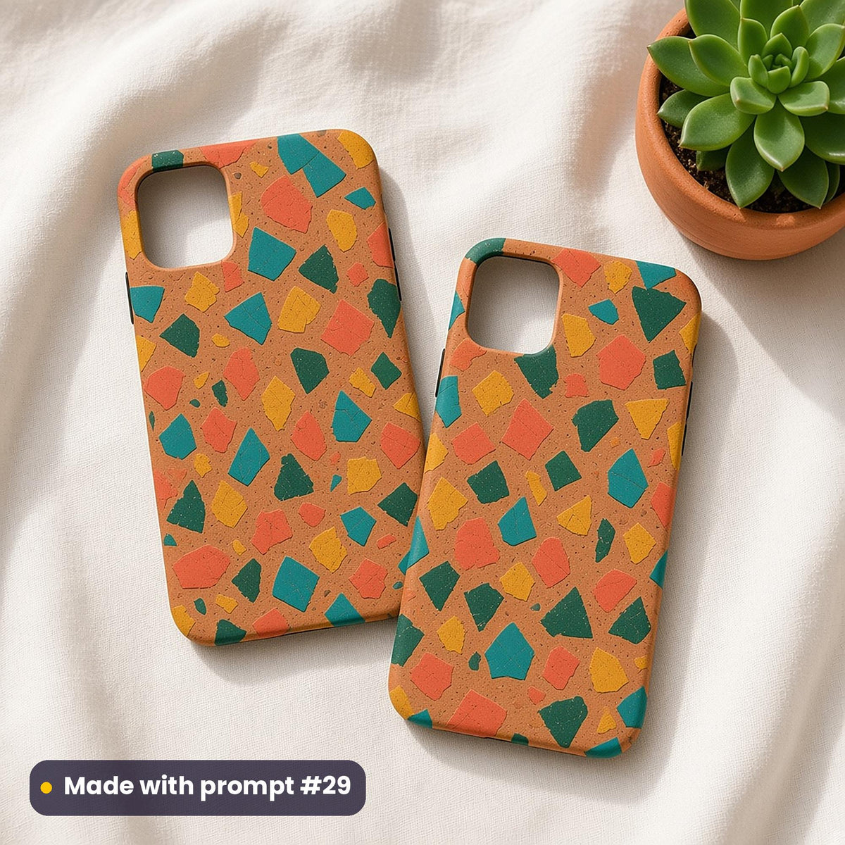 Two empty phone cases printed with shattered teal, coral and mustard tile shards on terracotta, beside a succulent, made with prompt #29