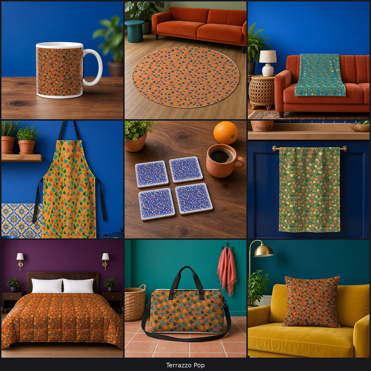 Variety collage of 9 patterns in different palettes on a mug, rug, blanket, apron, coaster, tea towel, comforter, tote bag and cushion, example use of Terrazzo Pop Seamless Pattern Prompt Pack