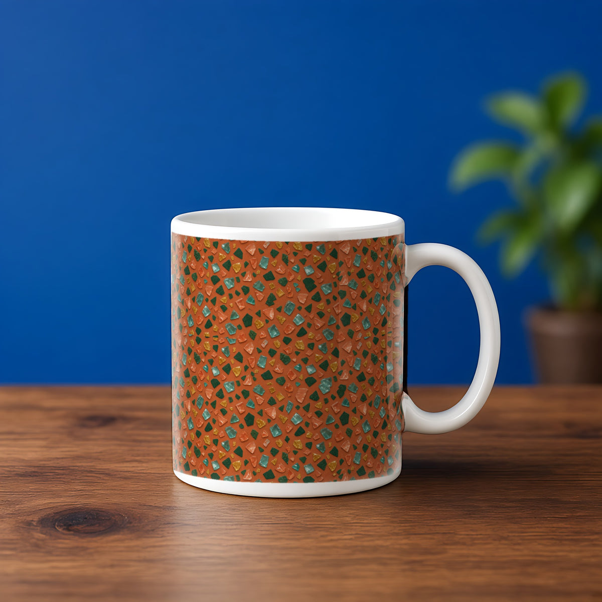 Glass Chip Sheen in Terracotta Pop palette on a mug, example use of Terrazzo Pop Seamless Pattern Prompt Pack