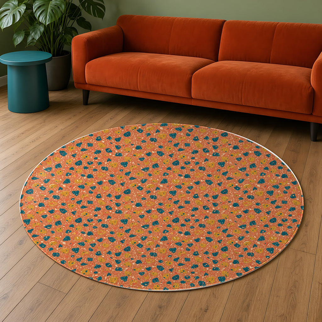 Two-Scale Chips in Coral Crush palette on a rug, example use of Terrazzo Pop Seamless Pattern Prompt Pack