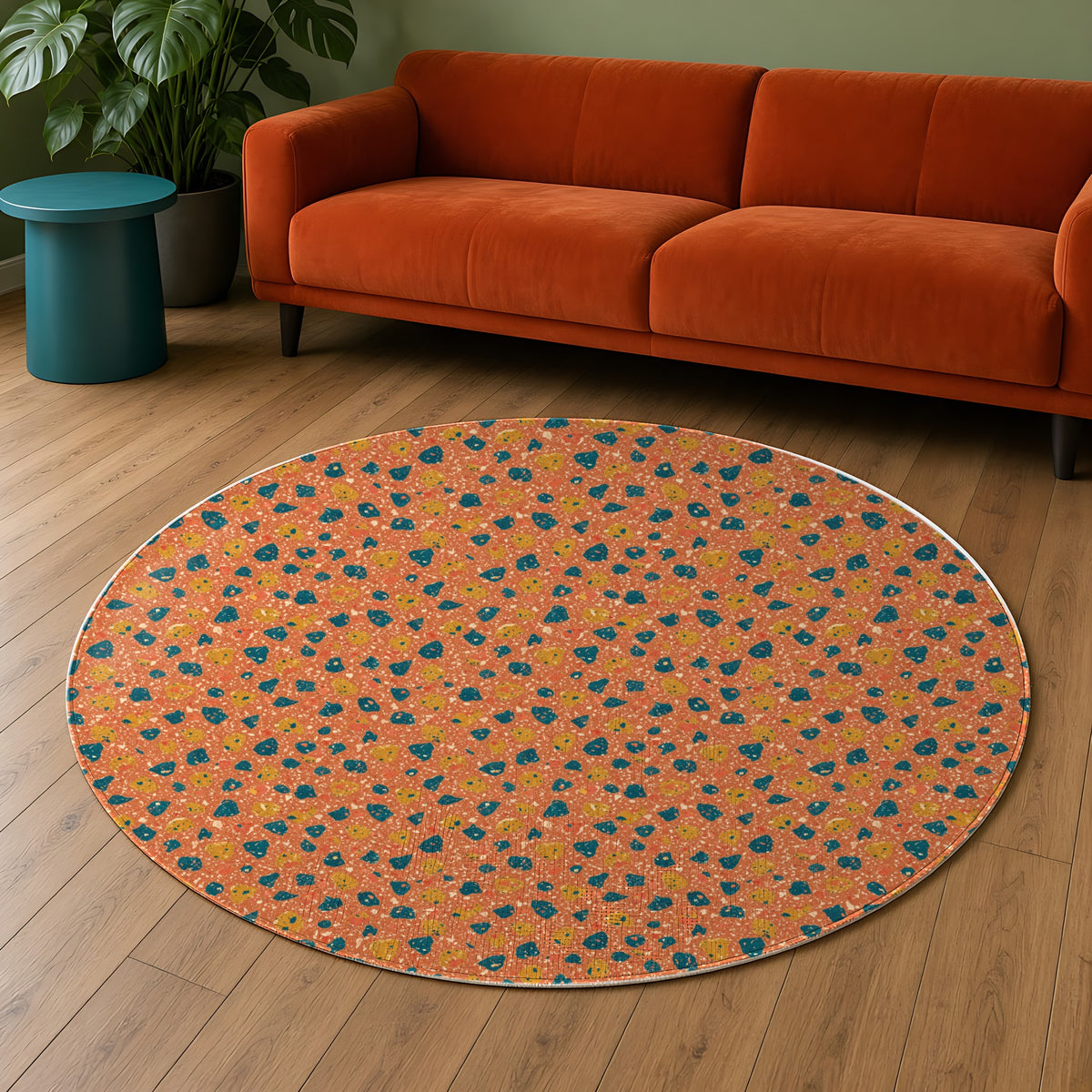 Two-Scale Chips in Coral Crush palette on a rug, example use of Terrazzo Pop Seamless Pattern Prompt Pack