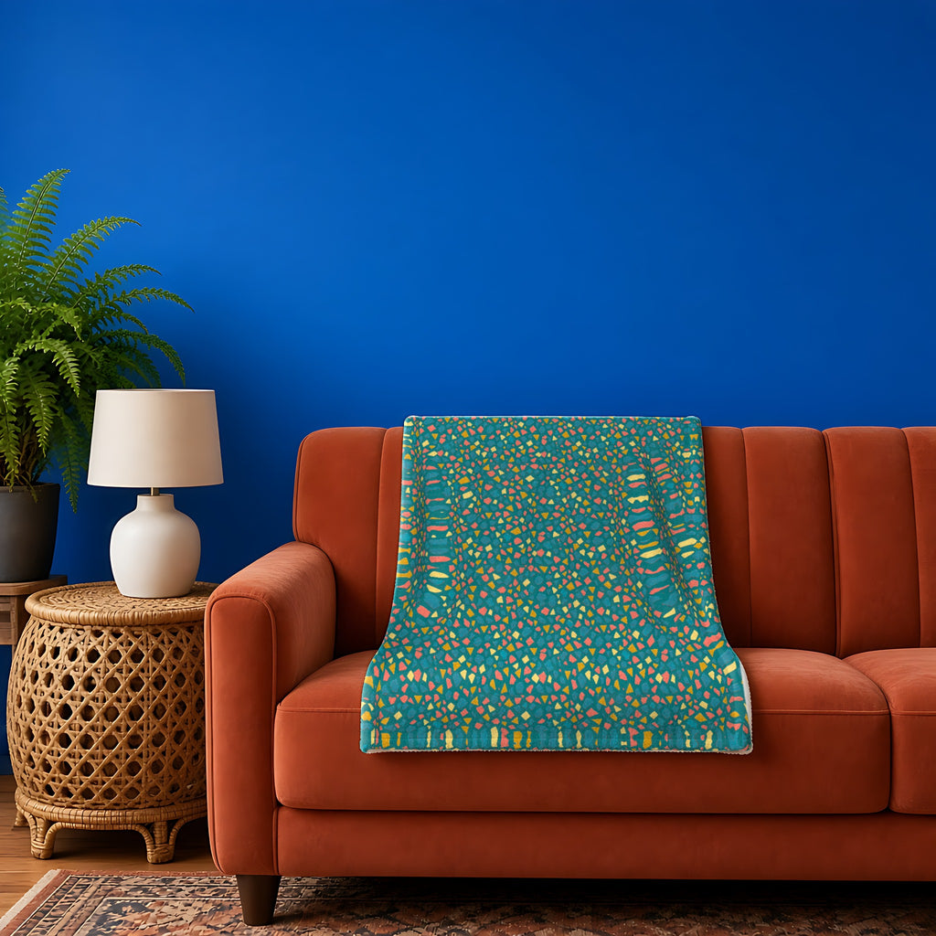 Angular Shard Scatter in Teal Terrazzo palette on a blanket, example use of Terrazzo Pop Seamless Pattern Prompt Pack