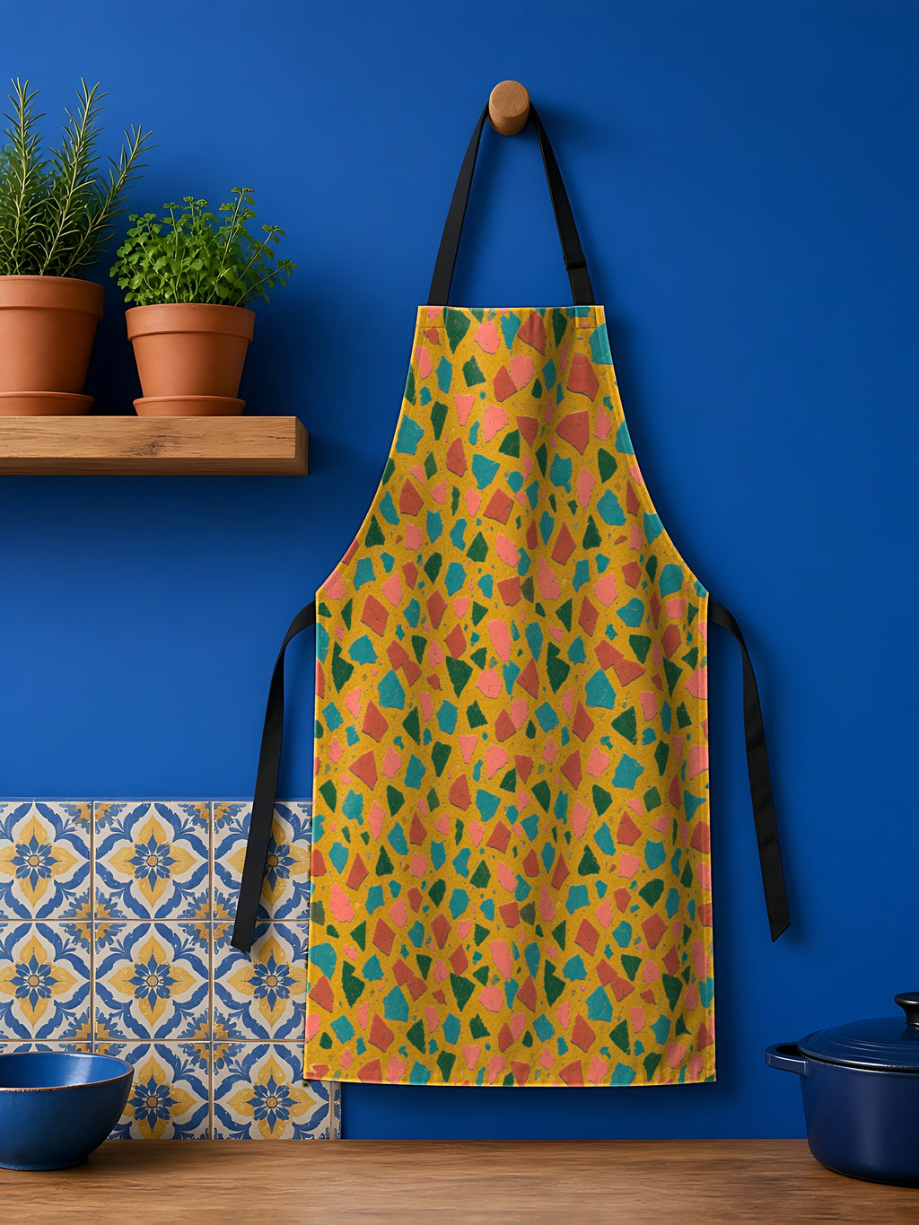 Shattered Tile Shards in Mustard Pop palette on an apron, example use of Terrazzo Pop Seamless Pattern Prompt Pack