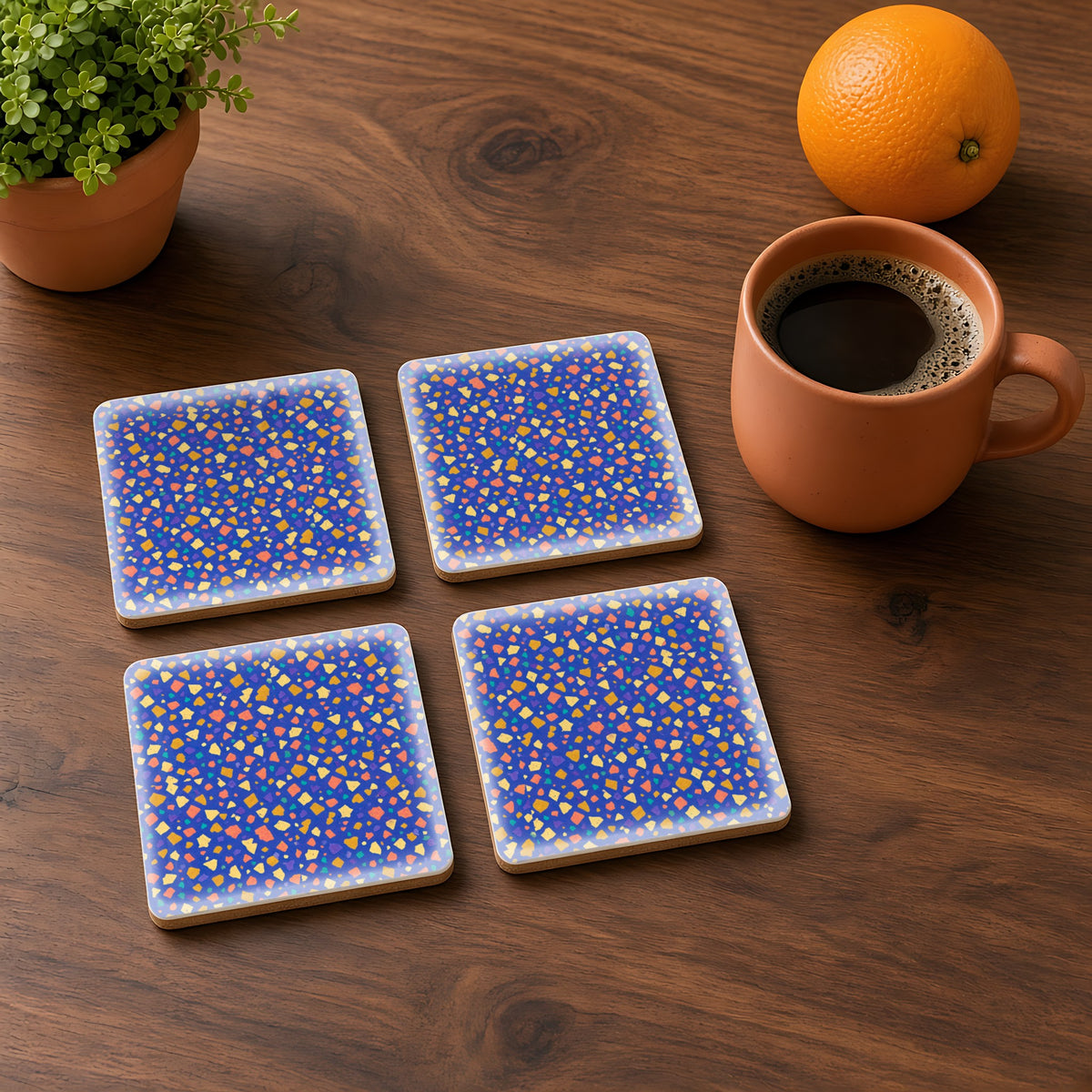Jewel Chip Terrazzo in Cobalt Chip palette on a coaster, example use of Terrazzo Pop Seamless Pattern Prompt Pack