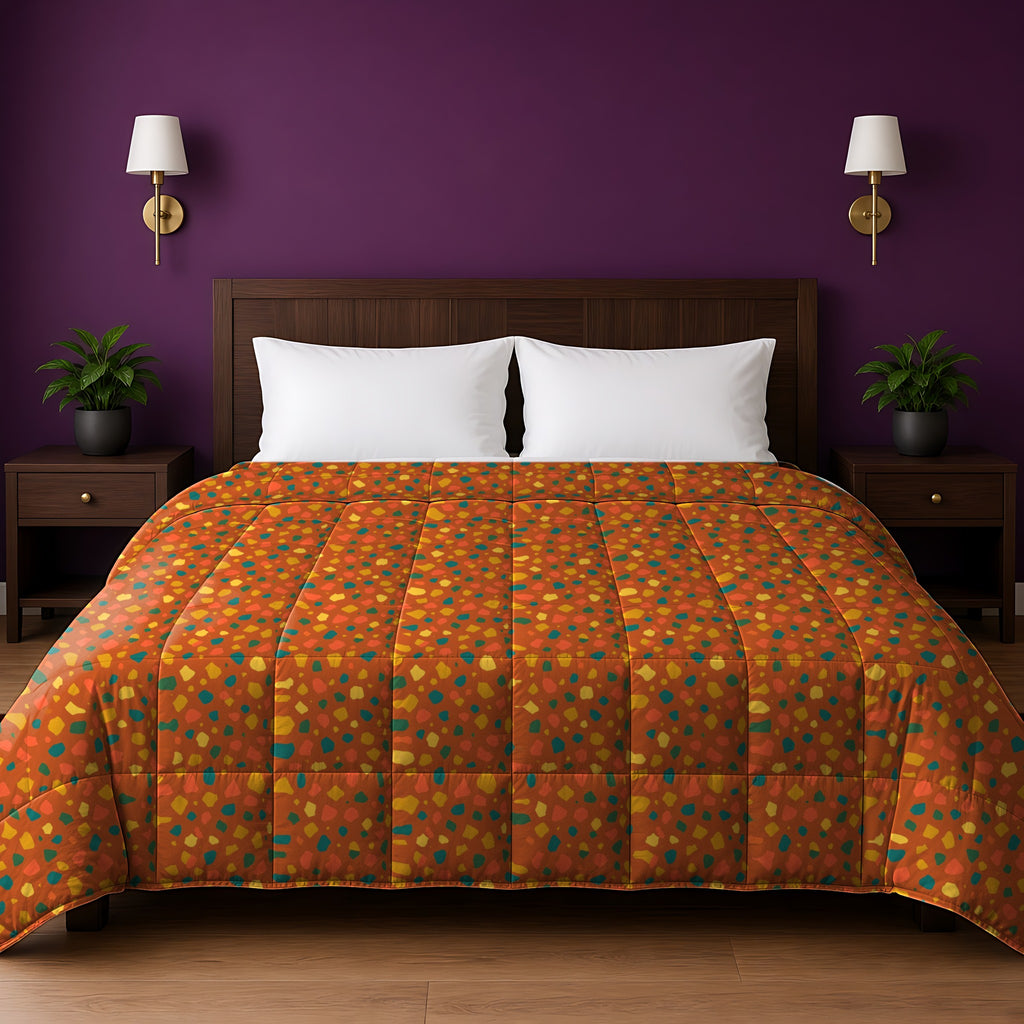 Confetti Aggregate in Terracotta Pop palette on a comforter, example use of Terrazzo Pop Seamless Pattern Prompt Pack