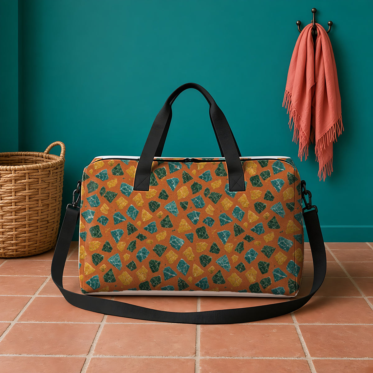 Marble Fragment Toss in Terracotta Pop palette on a tote bag, example use of Terrazzo Pop Seamless Pattern Prompt Pack